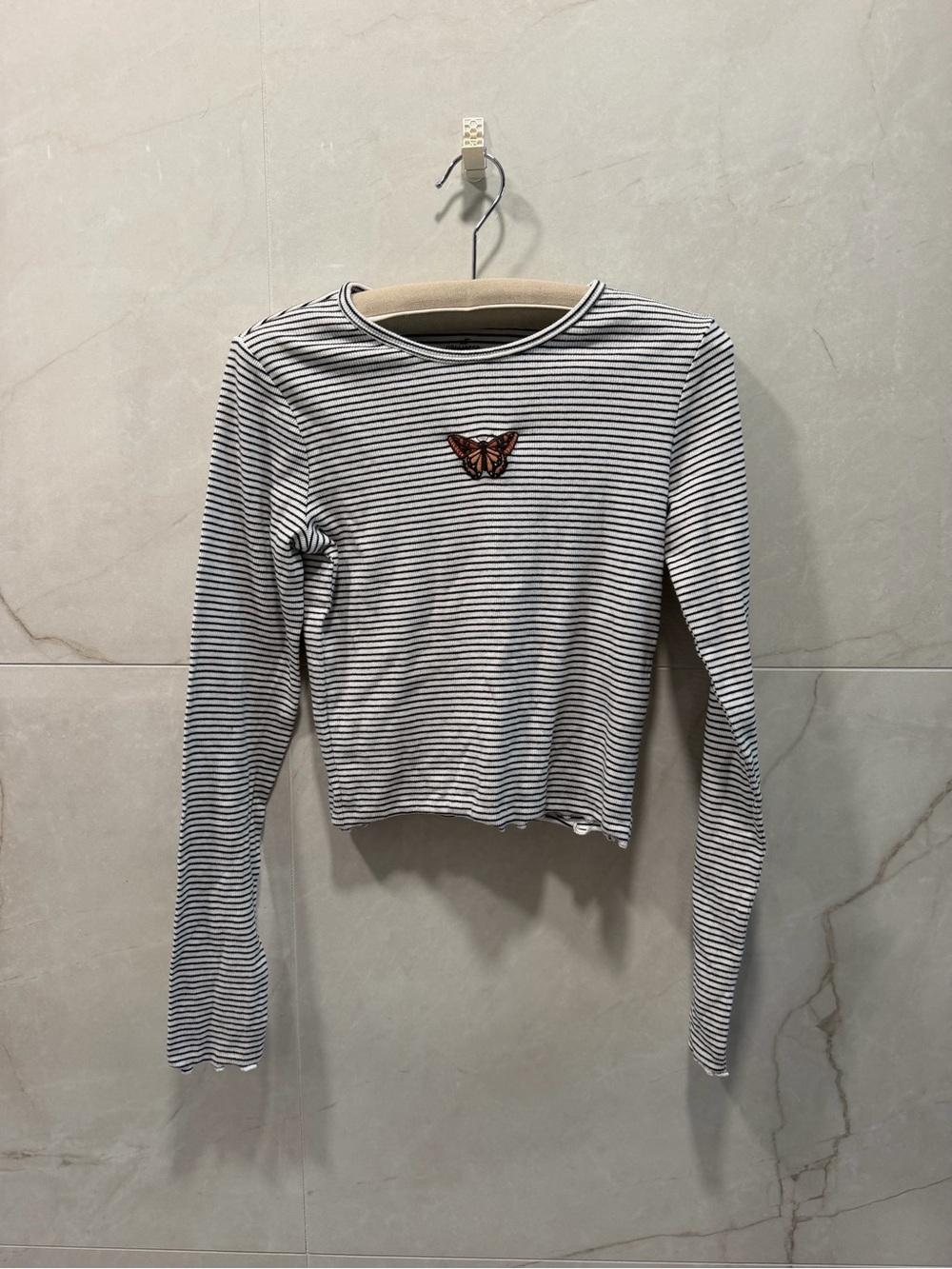 Hollister Striped Long-Sleeve Top with Butterfly Embroidery - White/Black- M-